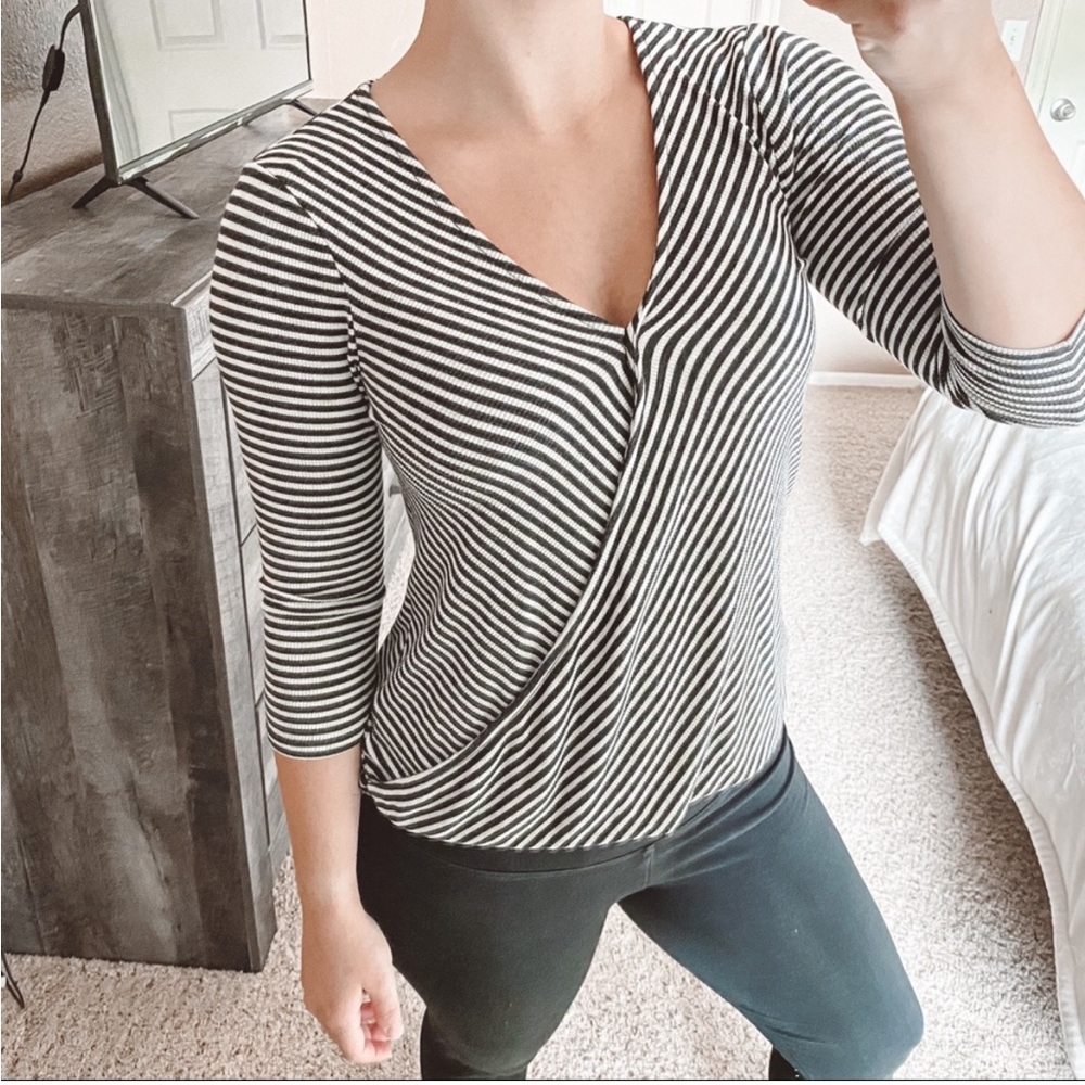 Anthropologie Black & White 3/4 Sleeve Wrap Blouse